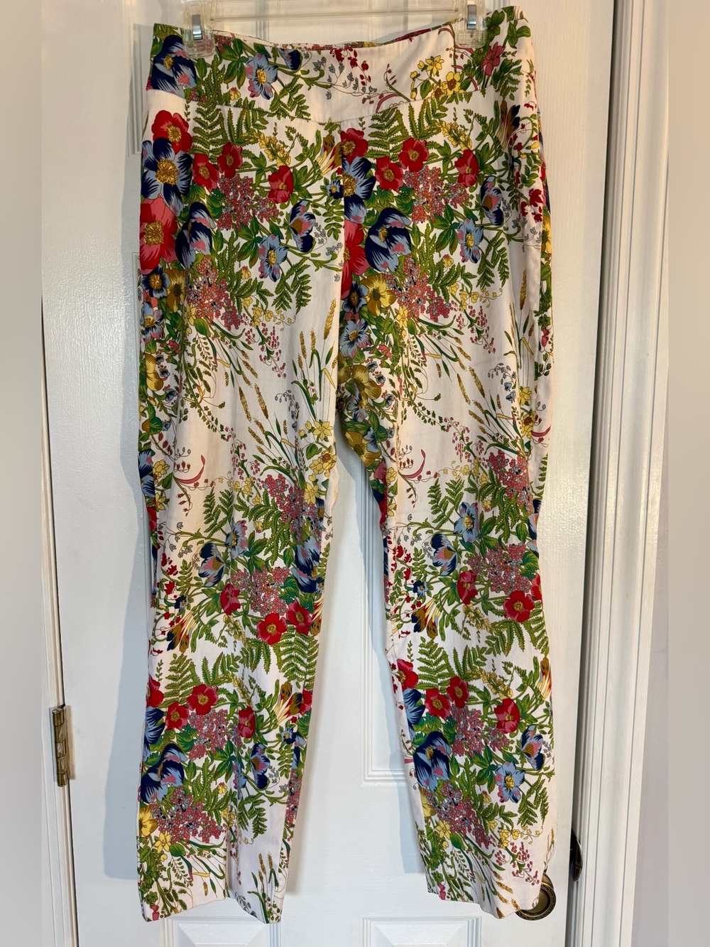 Up! White Floral Print Ankle Pants Pull On Stretch Colorful - Size 12